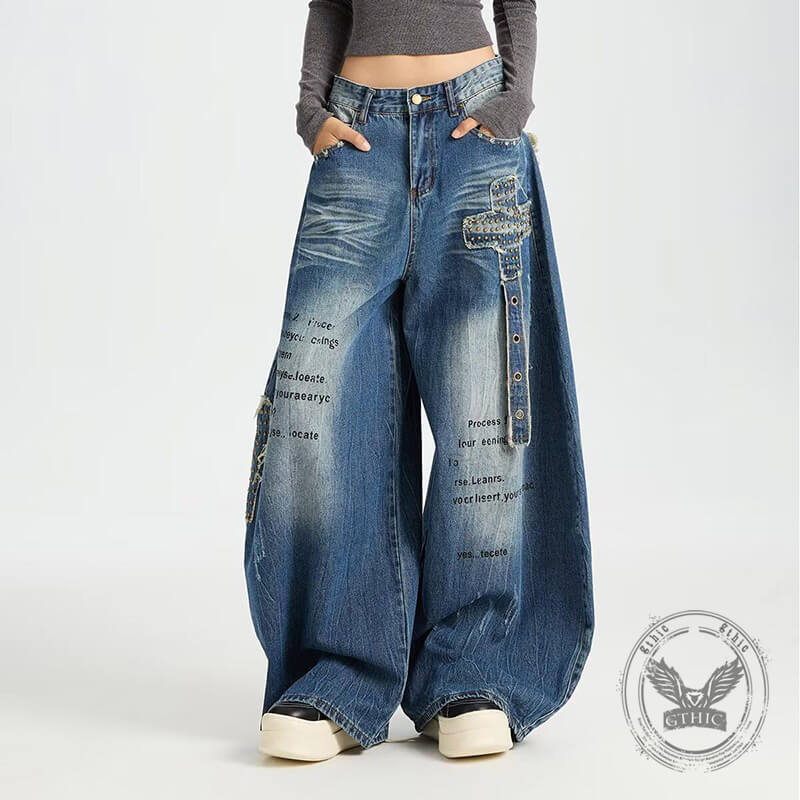 Retro Hip-Hop Rivets Patches Loose Scimitar Jeans | Gthic.com
