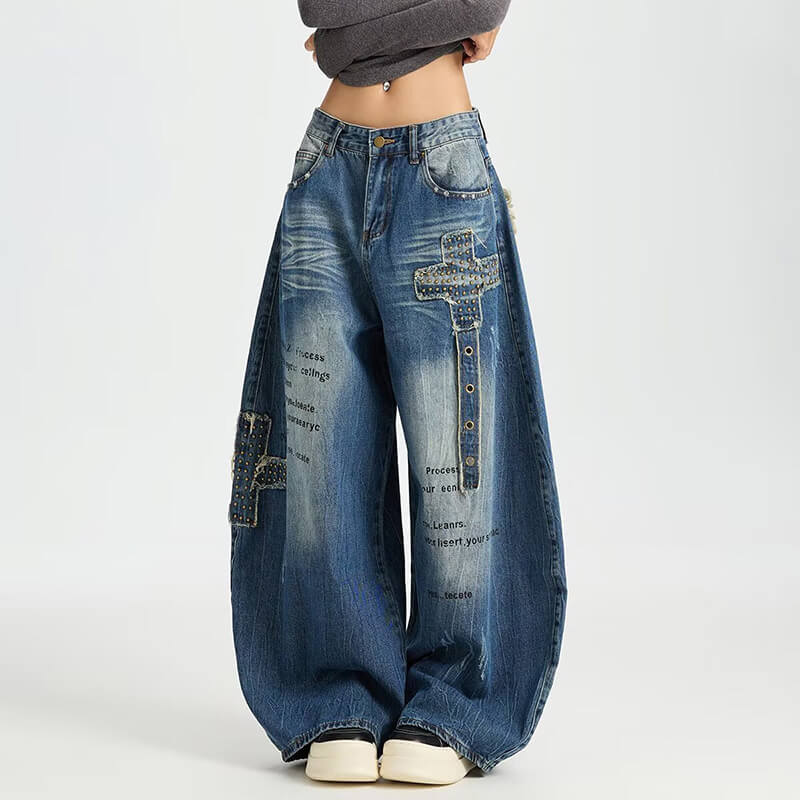 Retro Hip-Hop Rivets Patches Loose Scimitar Jeans | Gthic.com