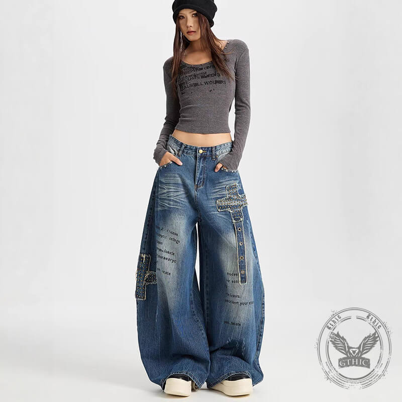 Retro Hip-Hop Rivets Patches Loose Scimitar Jeans | Gthic.com
