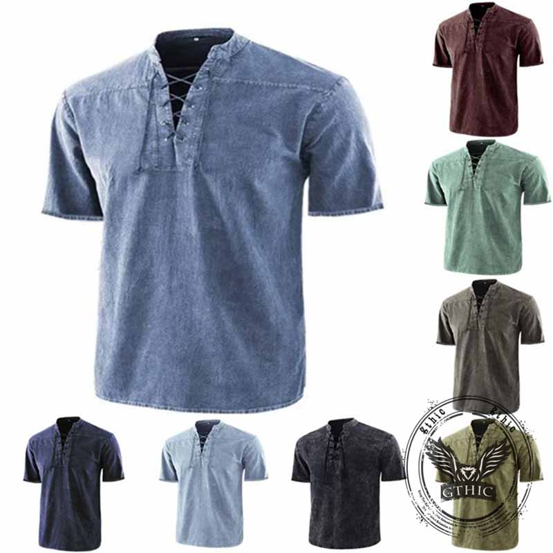 Retro Lace-Up Stand Collar Solid Color Henley Shirt 01 | Gthic.com
