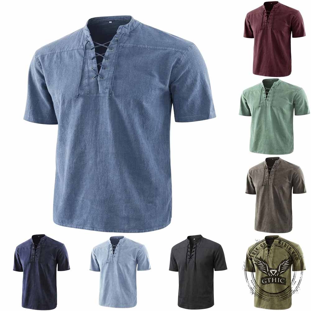 Retro Lace-Up Stand Collar Solid Color Henley Shirt | Gthic.com