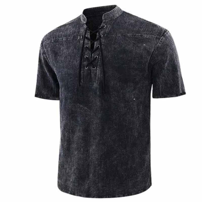 Retro Lace-Up Stand Collar Solid Color Henley Shirt 02 | Gthic.com
