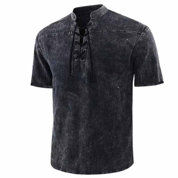 Retro Lace-Up Stand Collar Solid Color Henley Shirt 02 | Gthic.com