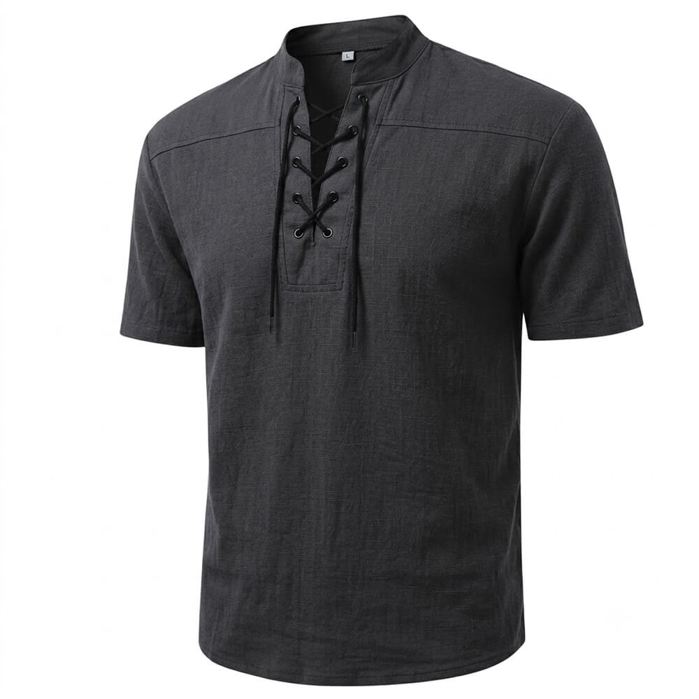 Retro Lace-Up Stand Collar Solid Color Henley Shirt | Gthic.com