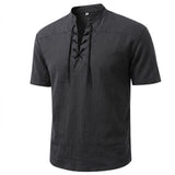 Retro Lace-Up Stand Collar Solid Color Henley Shirt | Gthic.com