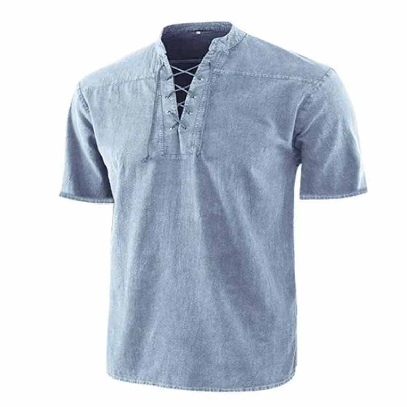 Retro Lace-Up Stand Collar Solid Color Henley Shirt 03 | Gthic.com