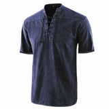 Retro Lace-Up Stand Collar Solid Color Henley Shirt