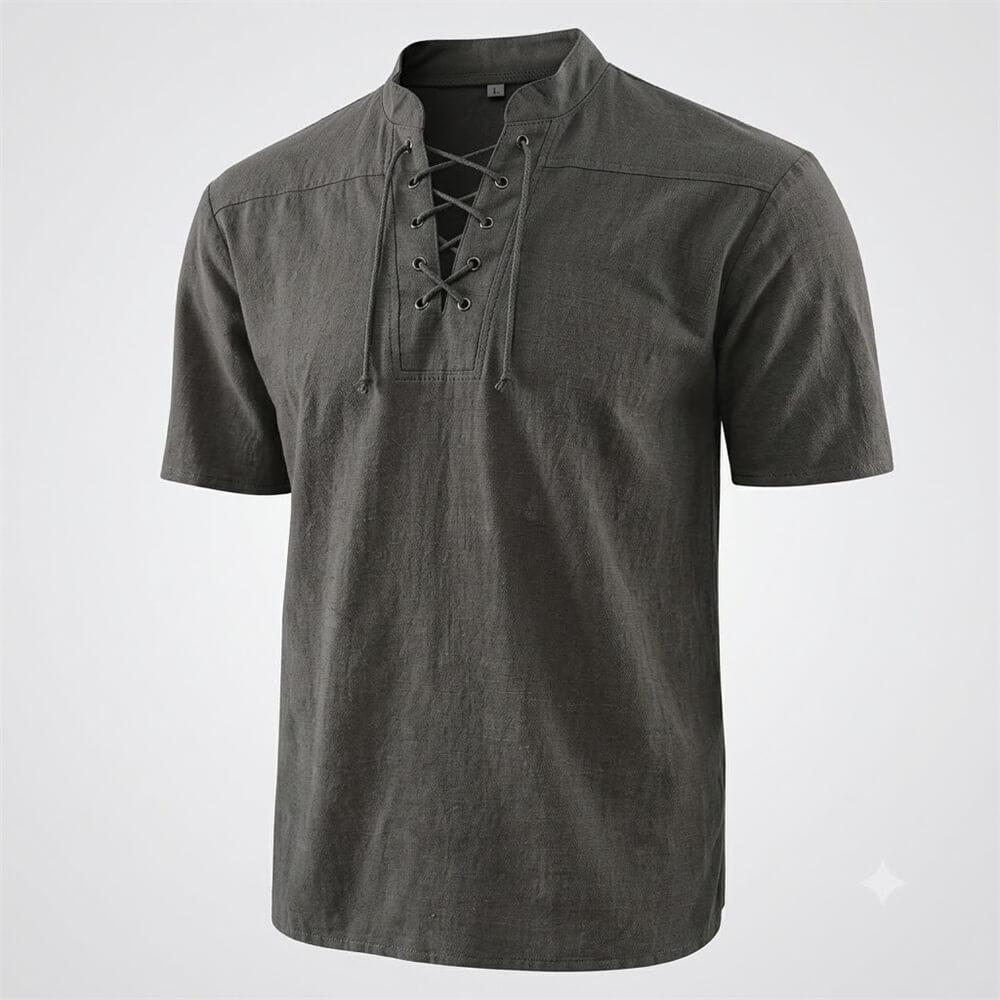 Retro Lace-Up Stand Collar Solid Color Henley Shirt