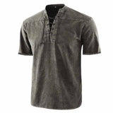 Retro Lace-Up Stand Collar Solid Color Henley Shirt
