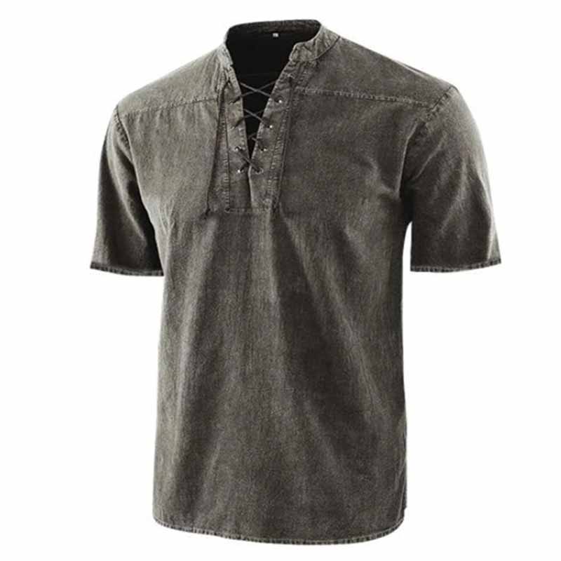 Retro Lace-Up Stand Collar Solid Color Henley Shirt