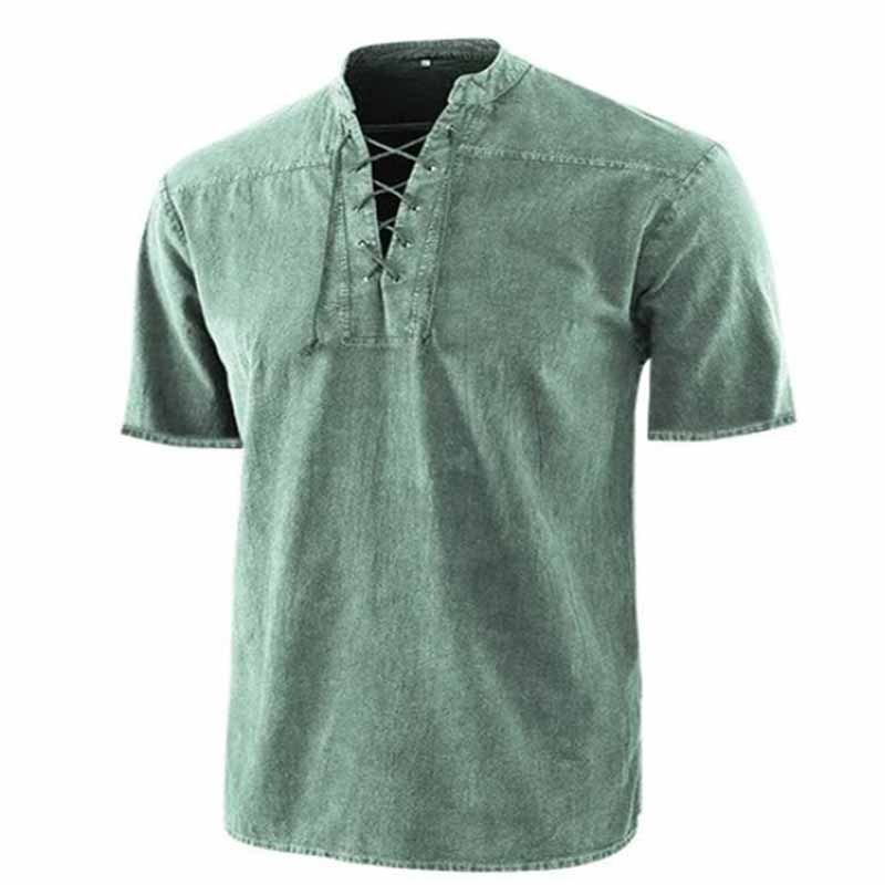 Retro Lace-Up Stand Collar Solid Color Henley Shirt