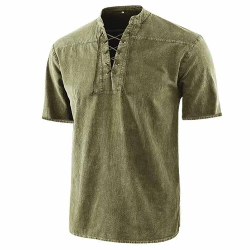 Retro Lace-Up Stand Collar Solid Color Henley Shirt