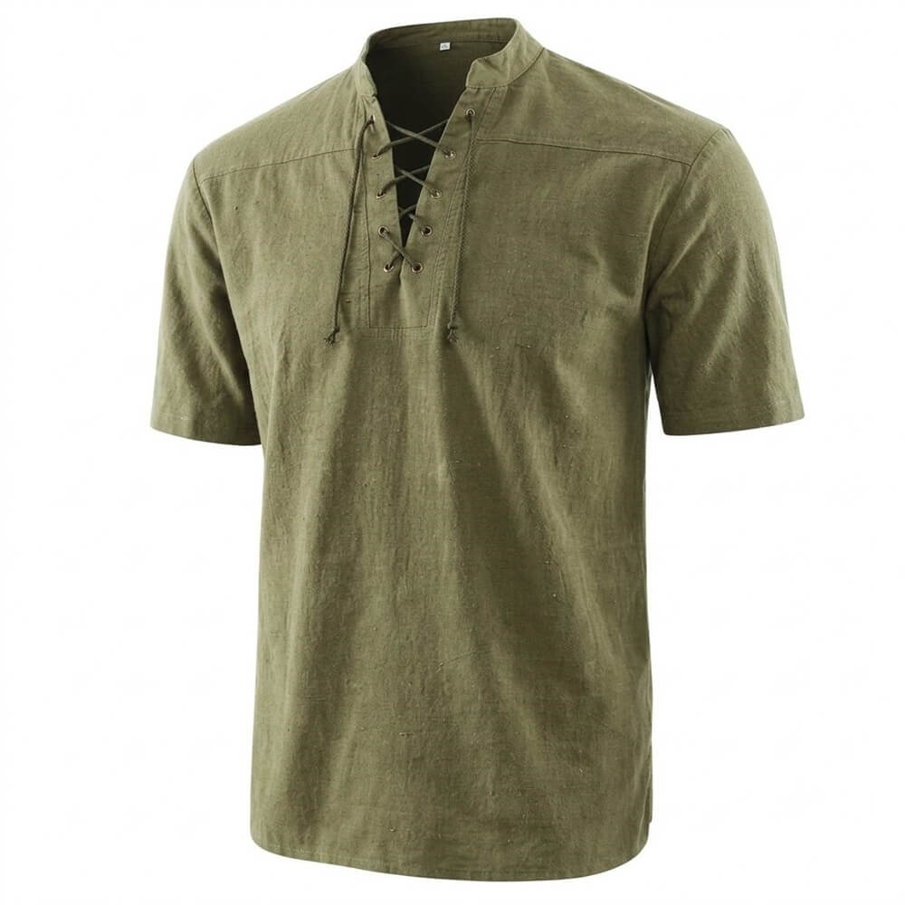 Retro Lace-Up Stand Collar Solid Color Henley Shirt