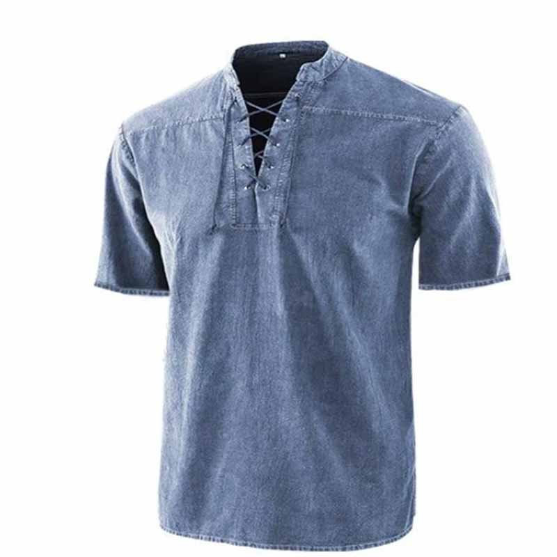 Retro Lace-Up Stand Collar Solid Color Henley Shirt