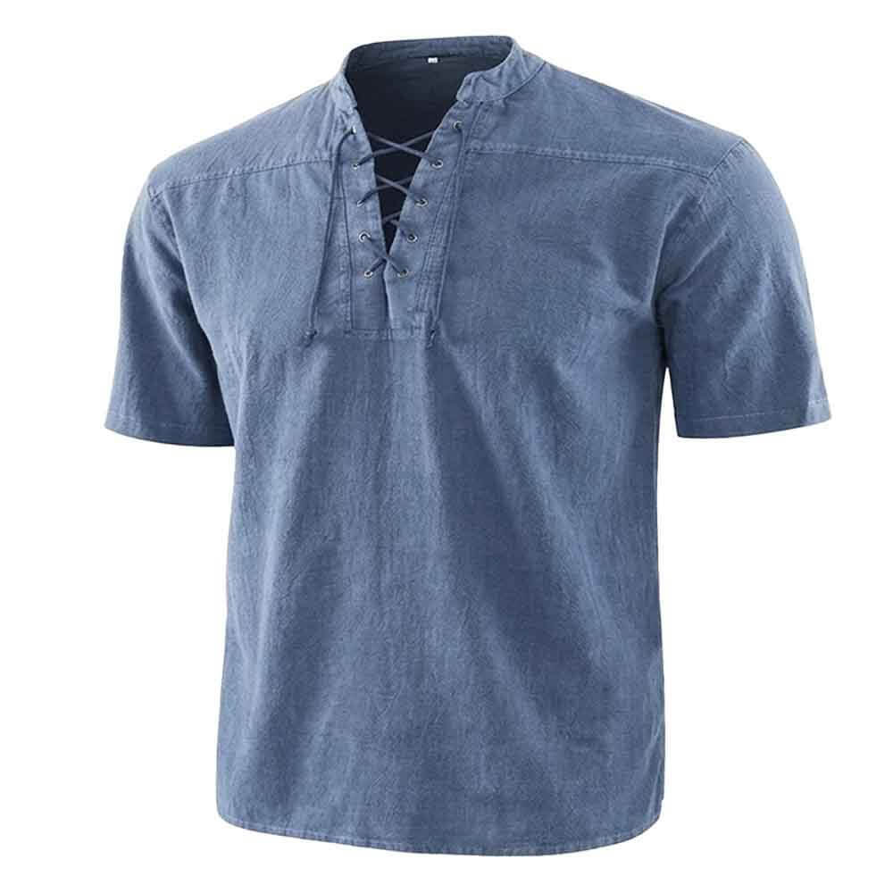 Retro Lace-Up Stand Collar Solid Color Henley Shirt