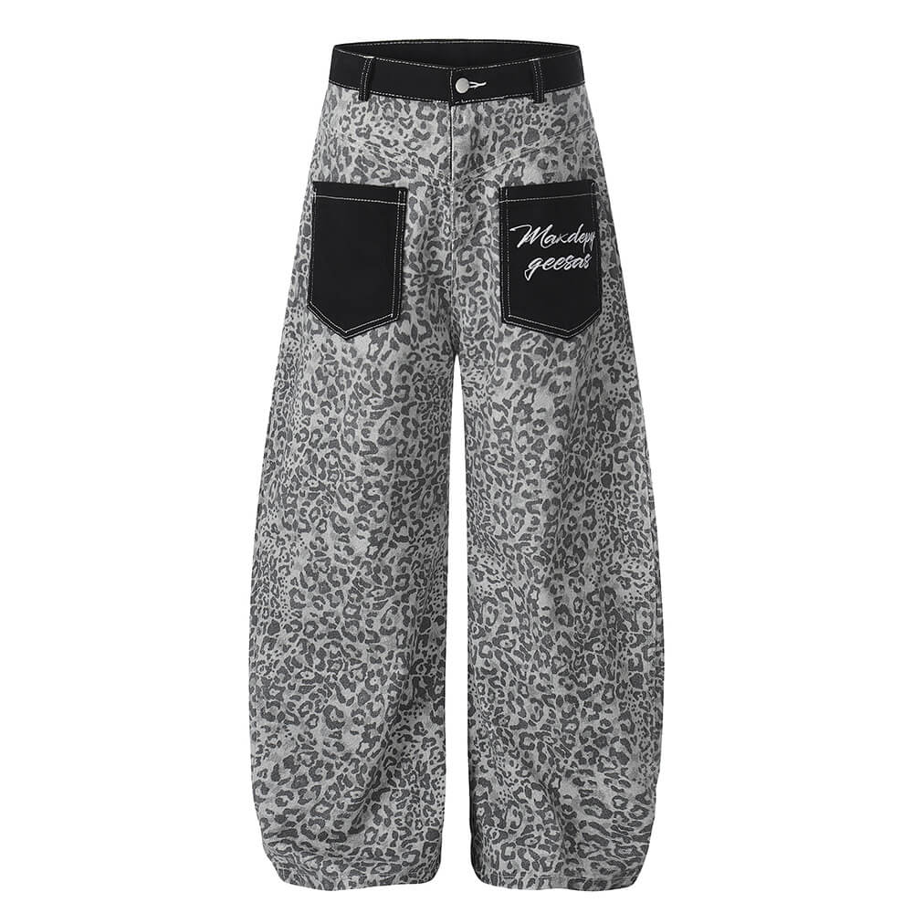 Retro Leopard Print Reverse Pockets Scimitar Jeans
