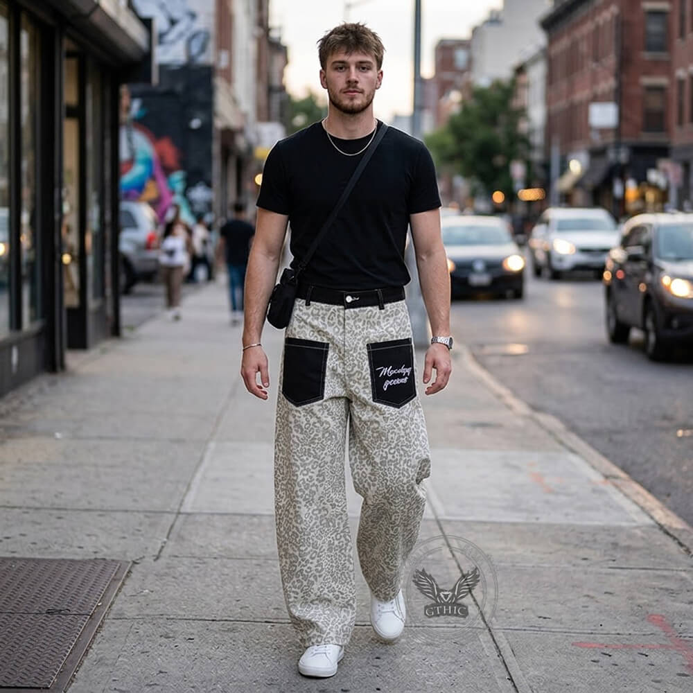Retro Leopard Print Reverse Pockets Scimitar Jeans | Gthic.com