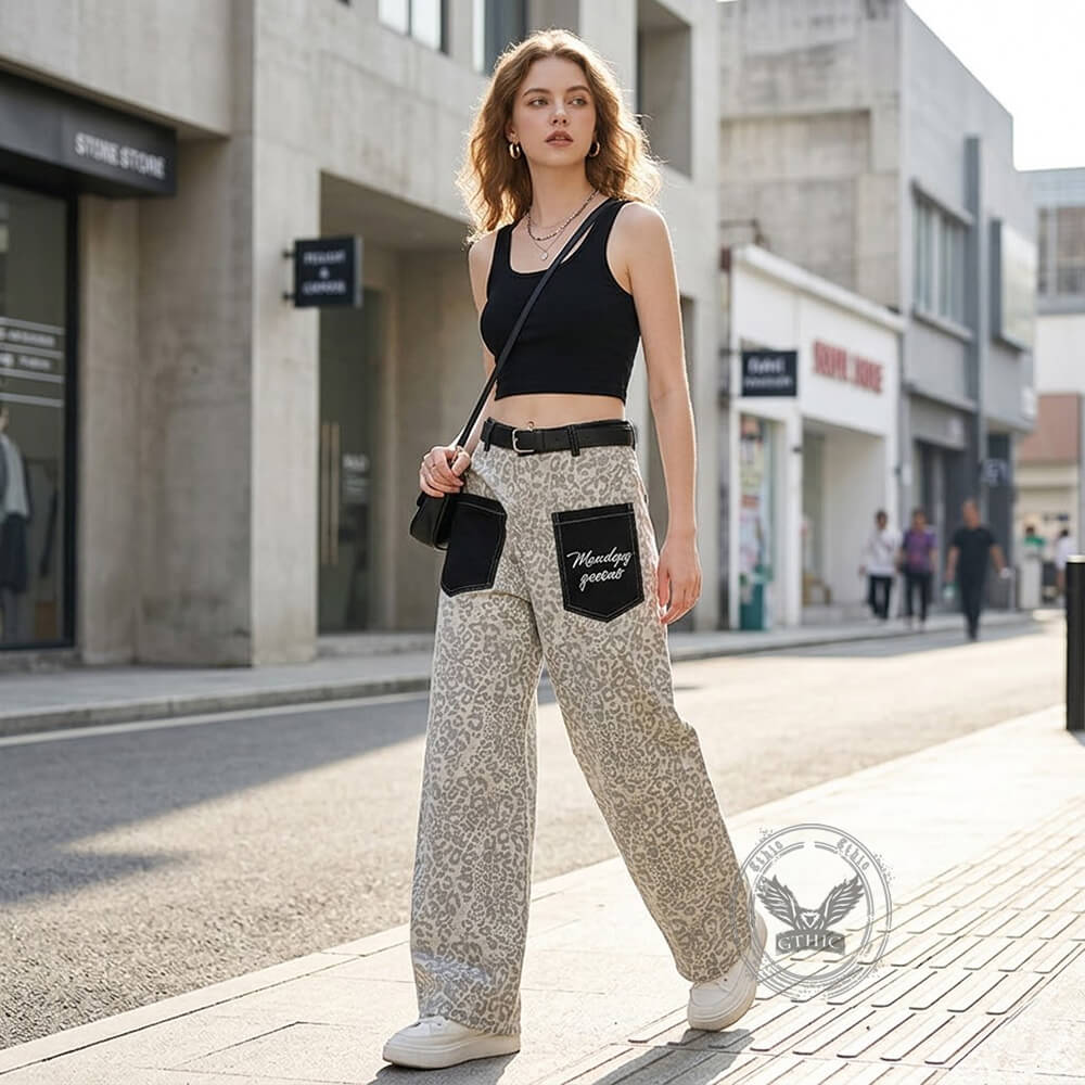 Retro Leopard Print Reverse Pockets Scimitar Jeans | Gthic.com