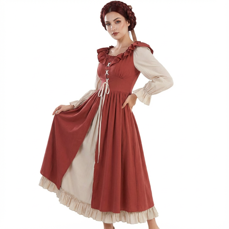 Retro Medieval Ruffle Colorblock Lace-Up Dress