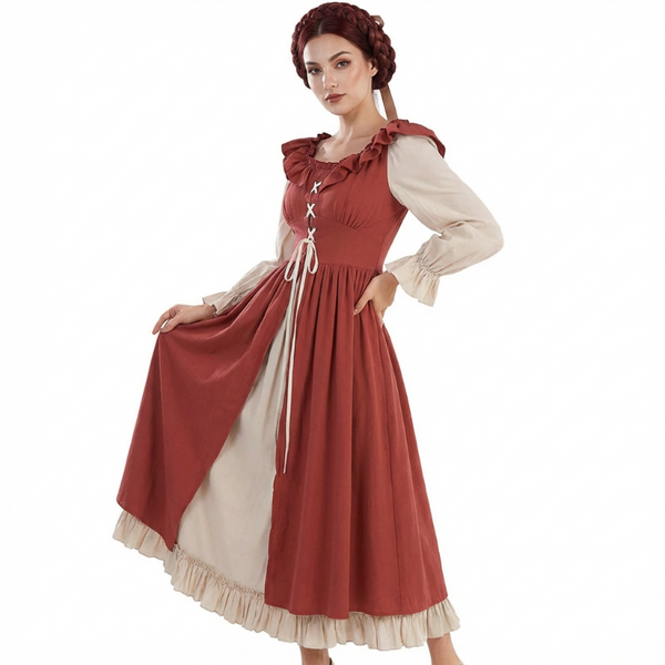 Retro Medieval Ruffle Colorblock Lace-Up Dress