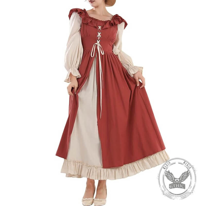 Retro Medieval Ruffle Colorblock Lace-Up Dress | Gthic.com