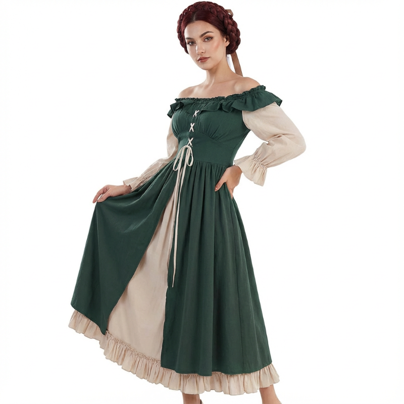 Retro Medieval Ruffle Colorblock Lace-Up Dress