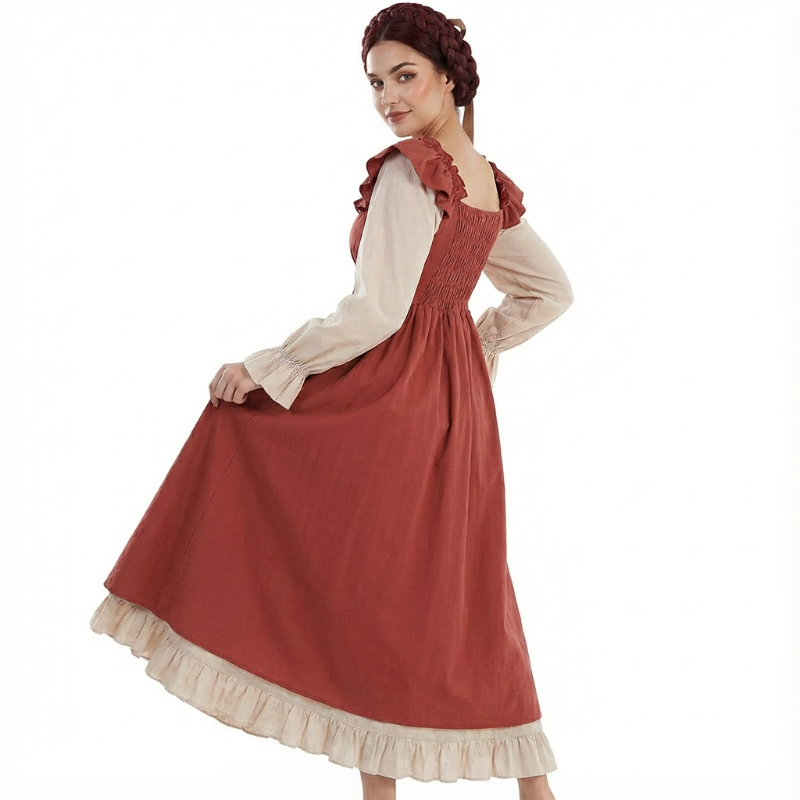 Retro Medieval Ruffle Colorblock Lace-Up Dress