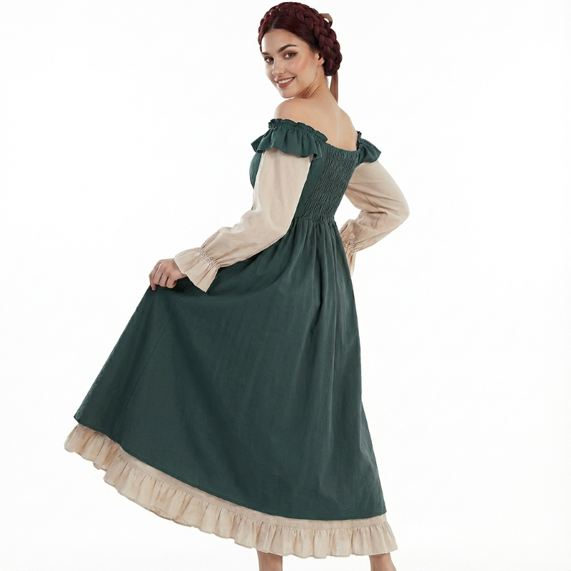 Retro Medieval Ruffle Colorblock Lace-Up Dress