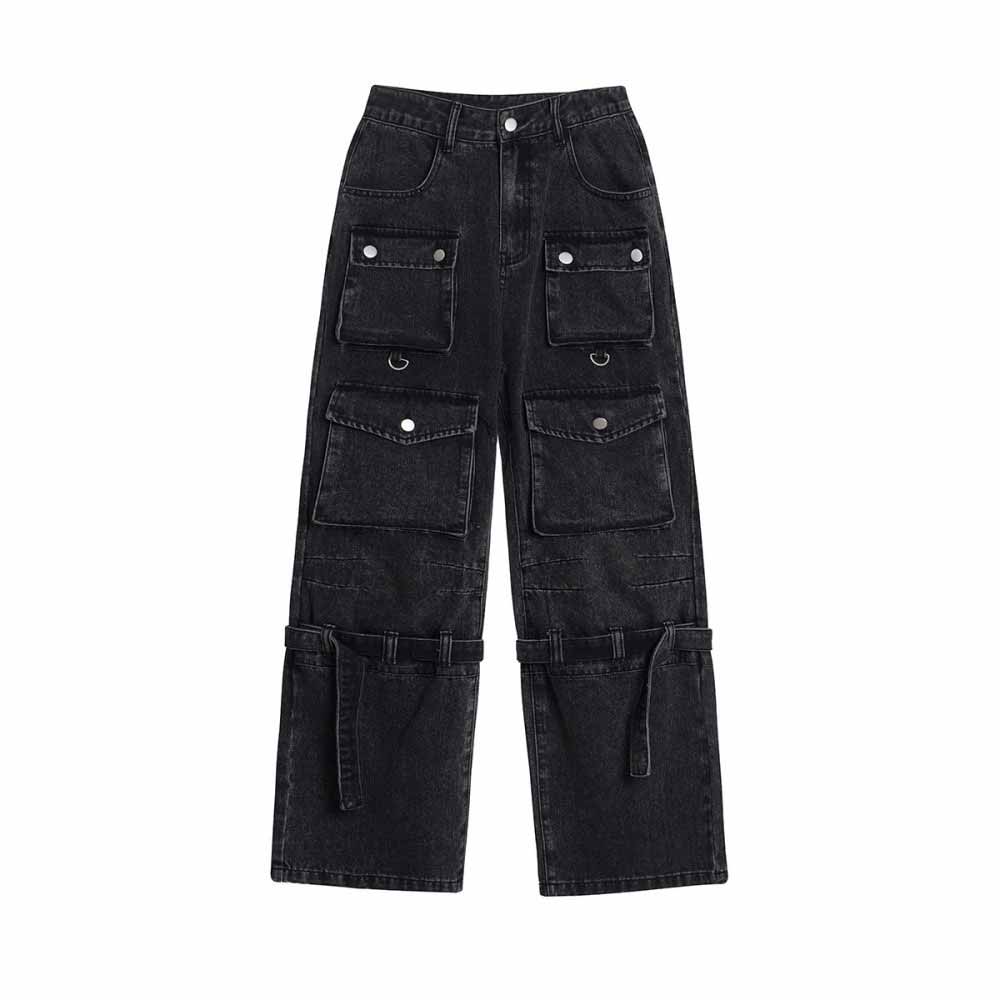 Retro Multi-Pocket Strappy Wide-Leg Cargo Jeans