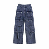 Retro Multi-Pocket Strappy Wide-Leg Cargo Jeans