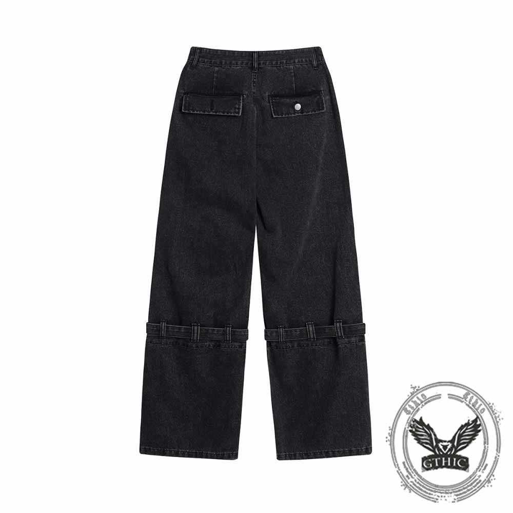 Retro Multi-Pocket Strappy Wide-Leg Cargo Jeans