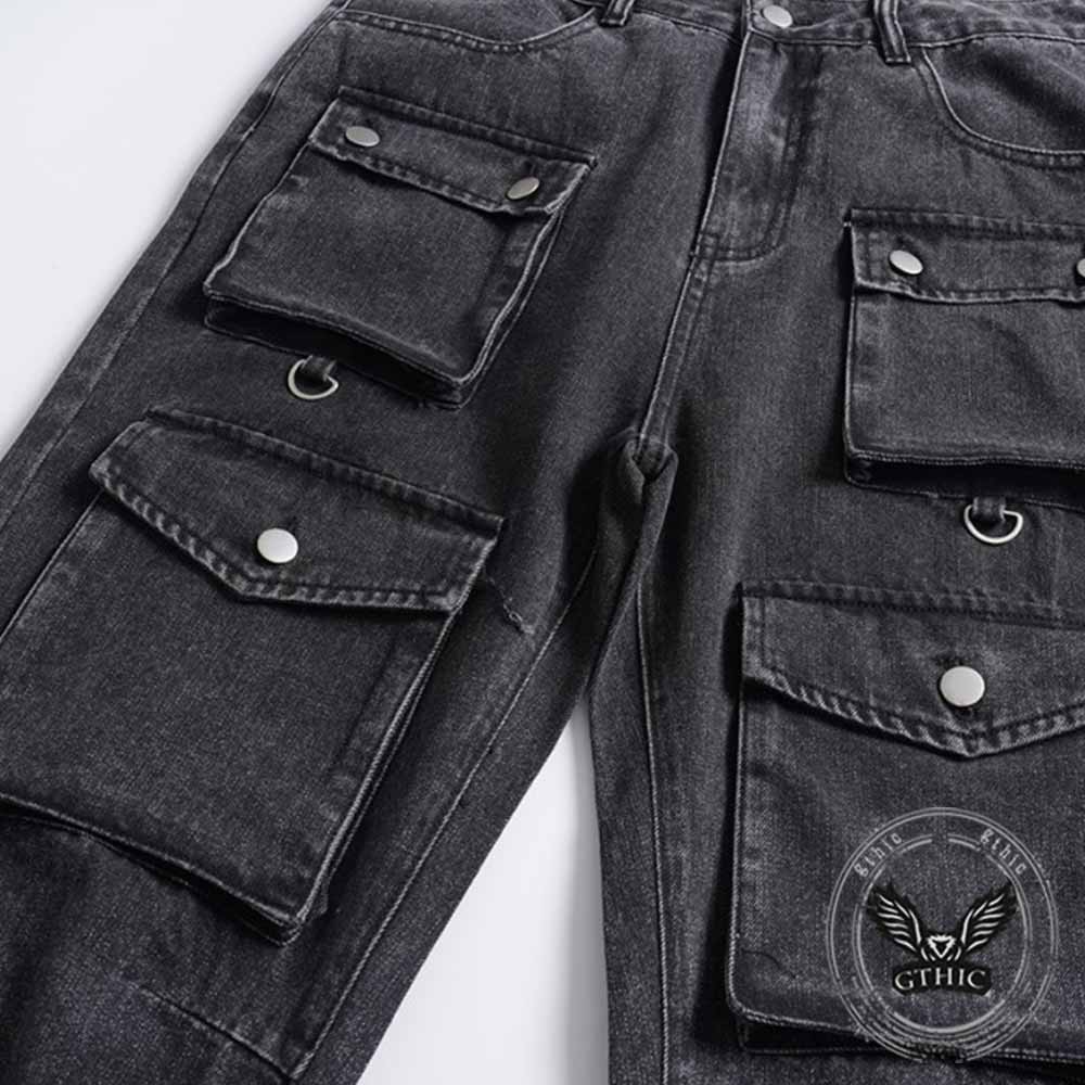 Retro Multi-Pocket Strappy Wide-Leg Cargo Jeans