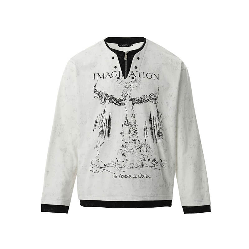 Retro Print Two Piece Long Sleeve Loose T-Shirt | Gthic.com