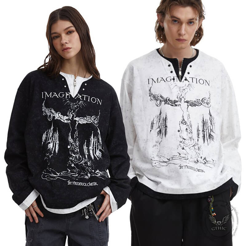 Retro Print Two Piece Long Sleeve Loose T-Shirt | Gthic.com