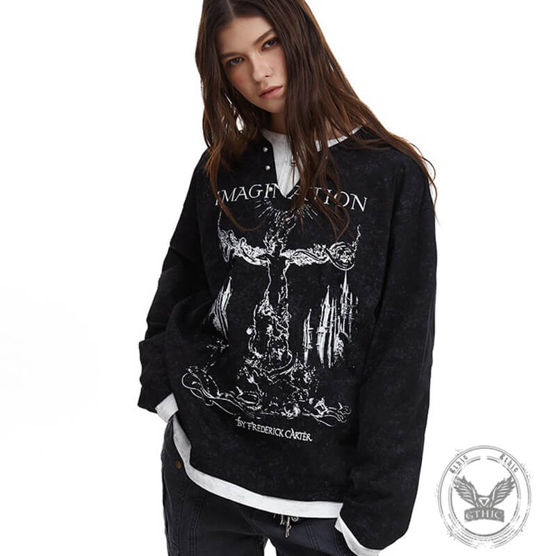 Retro Print Two Piece Long Sleeve Loose T-Shirt | Gthic.com