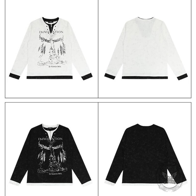 Retro Print Two Piece Long Sleeve Loose T-Shirt | Gthic.com