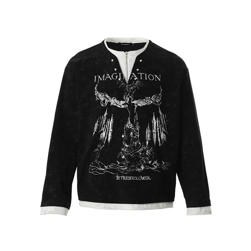 Retro Print Two Piece Long Sleeve Loose T-Shirt | Gthic.com