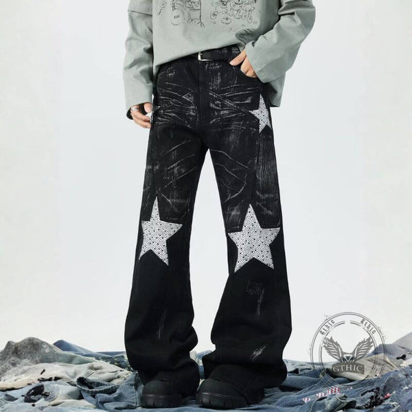 Retro Rhinestone Star Denim Hip-Hop Distressed Flared Pants | Gthic.com