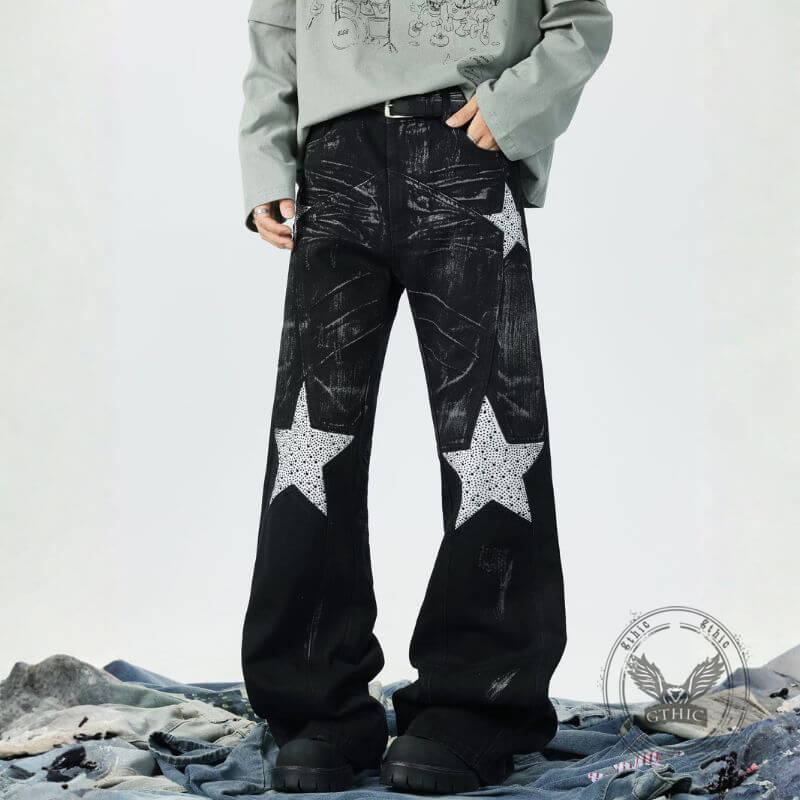 Retro Rhinestone Star Denim Hip-Hop Distressed Flared Pants | Gthic.com