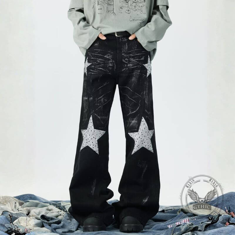 Retro Rhinestone Star Denim Hip-Hop Distressed Flared Pants | Gthic.com