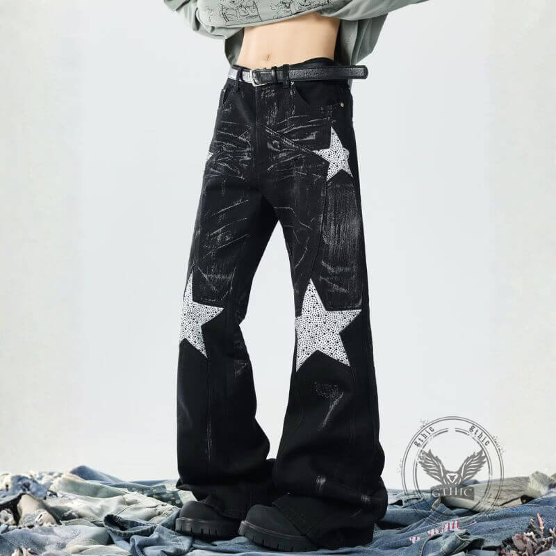 Retro Rhinestone Star Denim Hip-Hop Distressed Flared Pants | Gthic.com