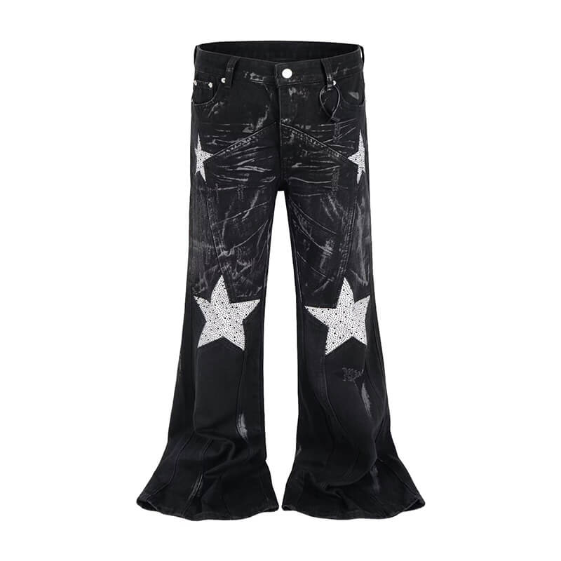 Retro Rhinestone Star Denim Hip-Hop Distressed Flared Pants