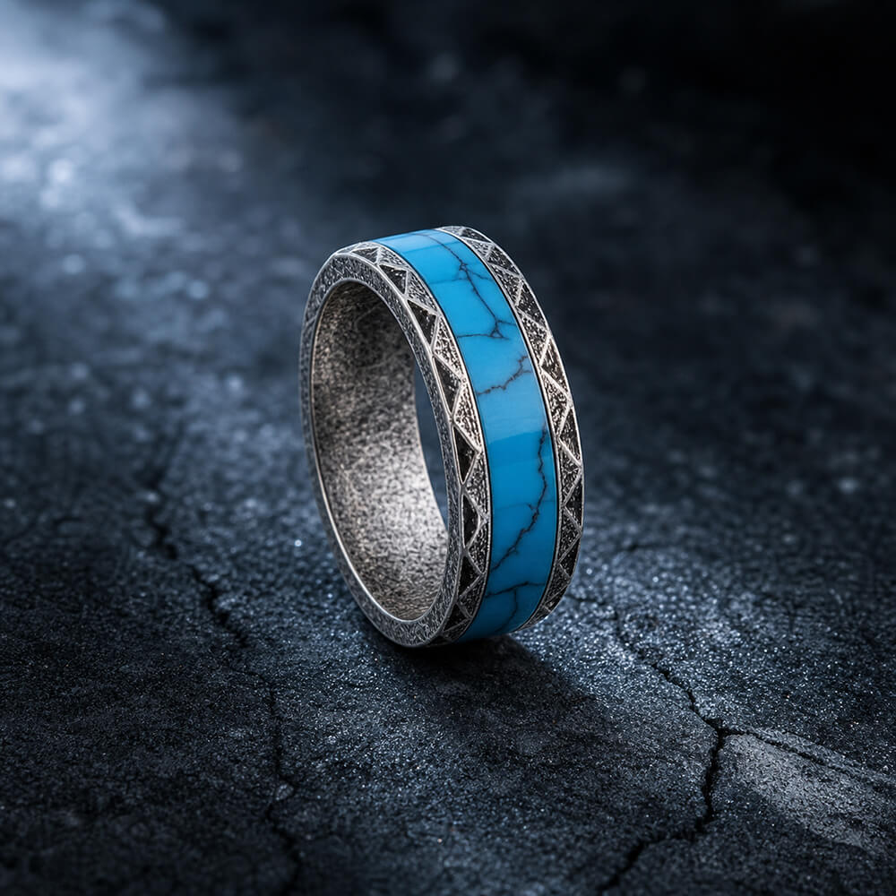 Retro Rhombus Facet Turquoise Stainless Steel Band Ring