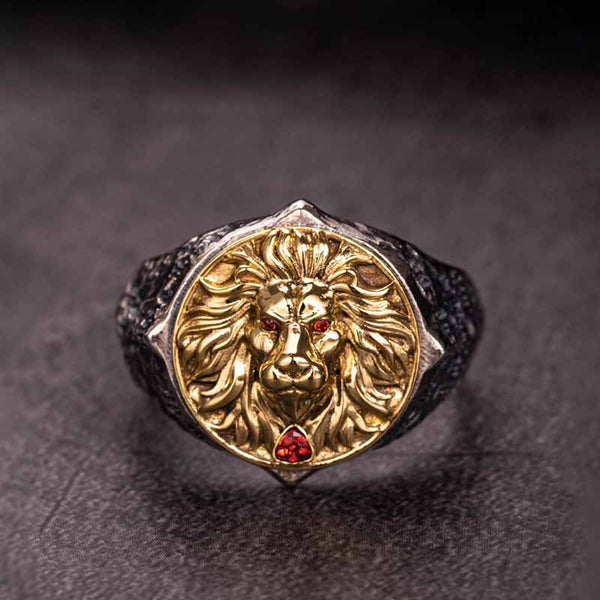 Retro Roaring Lion's Fury Gem Sterling Silver Ring | Gthic.com
