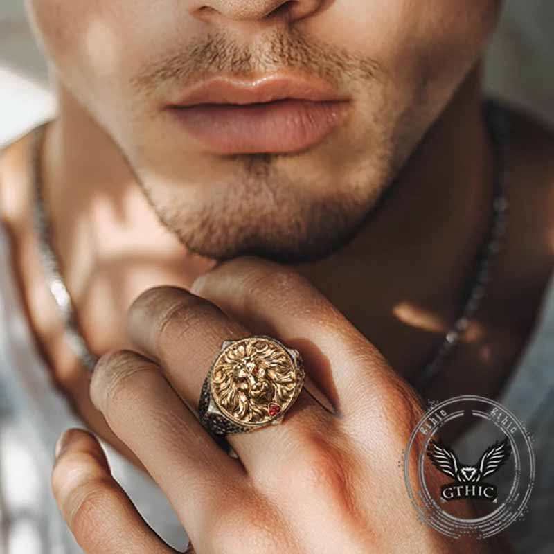 Retro Roaring Lion's Fury Gem Sterling Silver Ring | Gthic.com