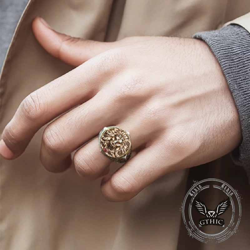 Retro Roaring Lion's Fury Gem Sterling Silver Ring | Gthic.com
