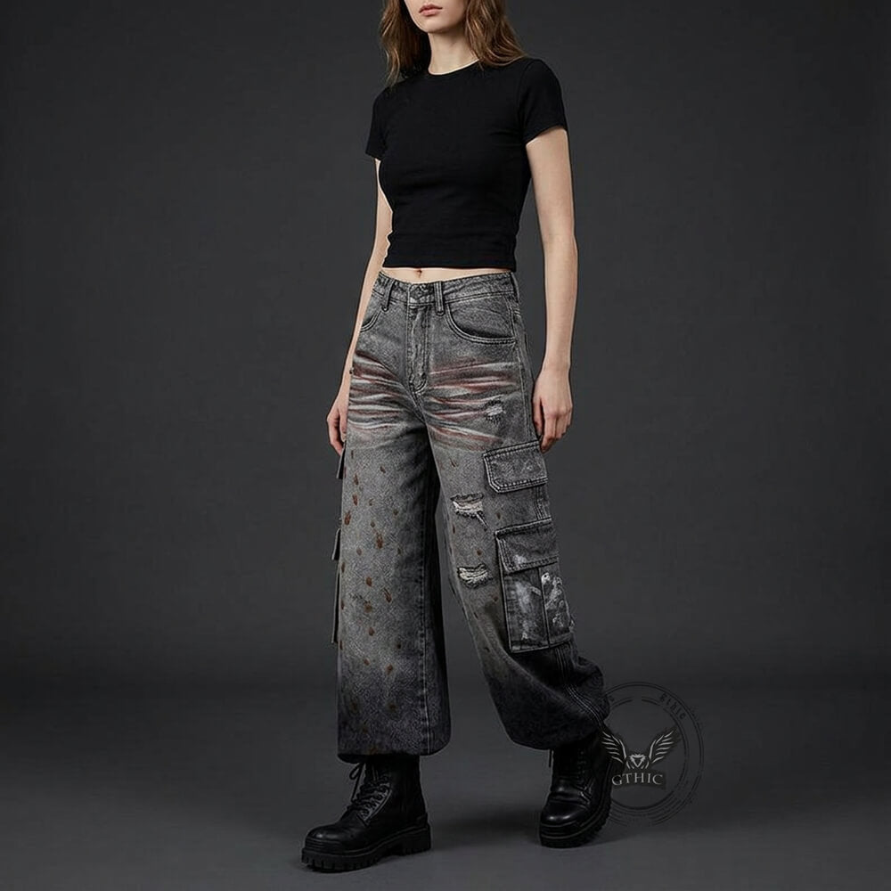 Retro Splatter Paint Distressed Ripped Wide-Leg Jeans | Gthic.com