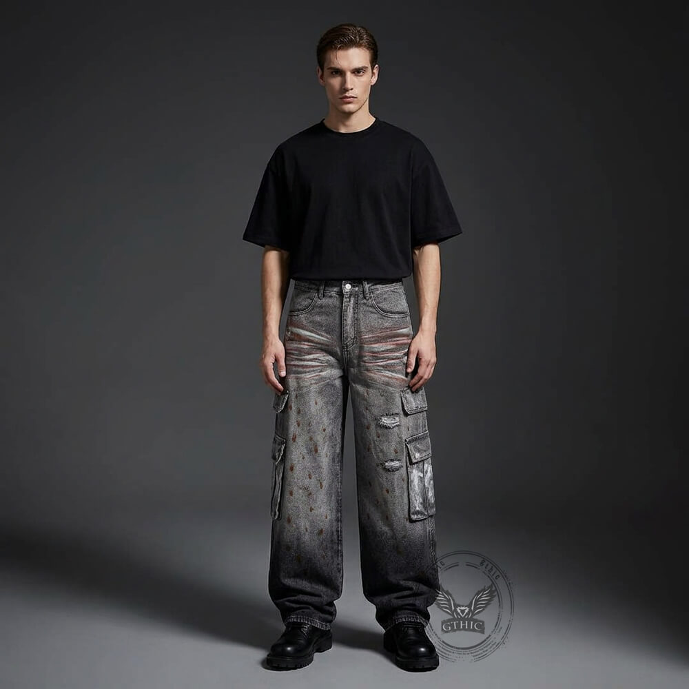 Retro Splatter Paint Distressed Ripped Wide-Leg Jeans | Gthic.com