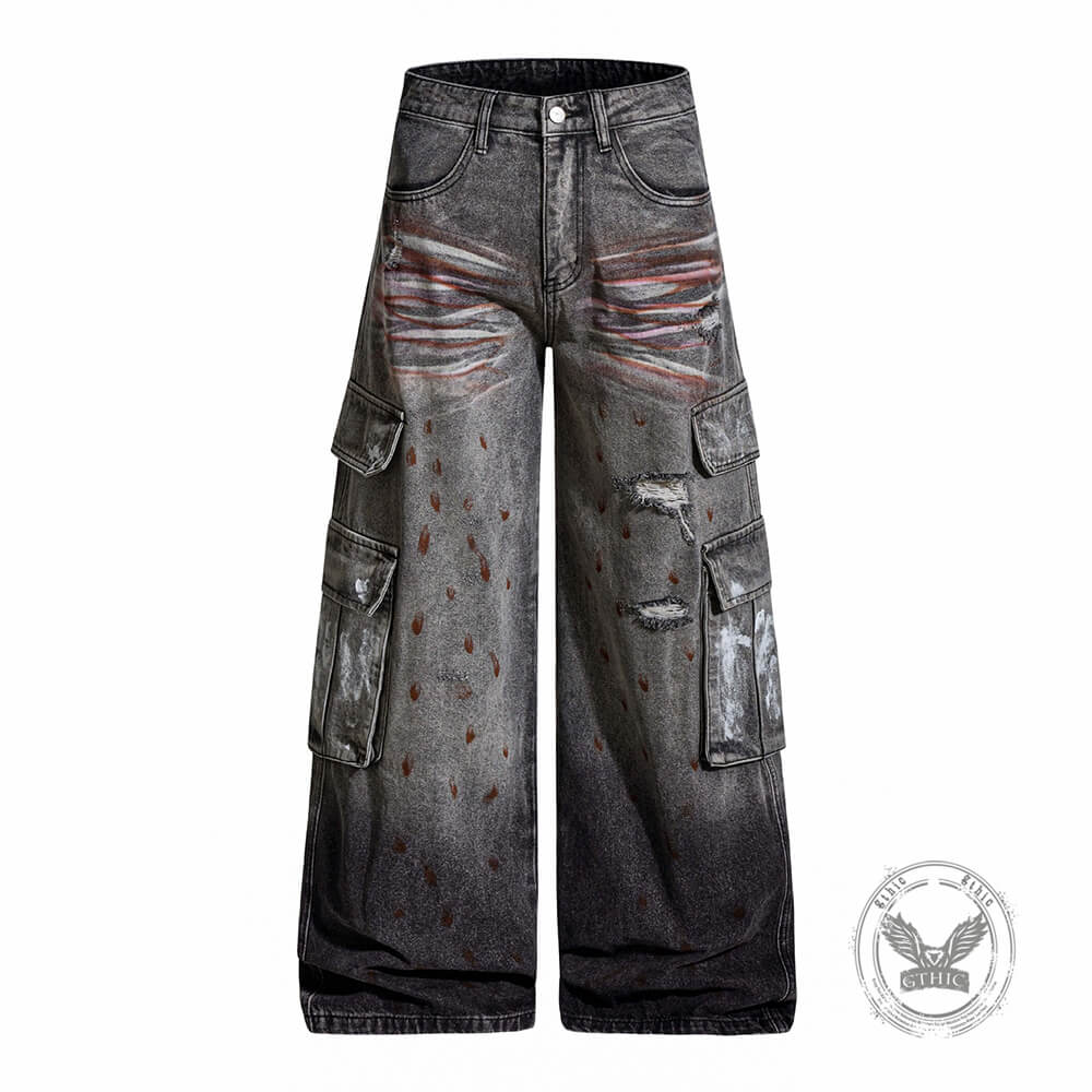 Retro Splatter Paint Distressed Ripped Wide-Leg Jeans | Gthic.com