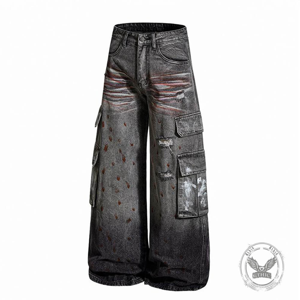 Retro Splatter Paint Distressed Ripped Wide-Leg Jeans